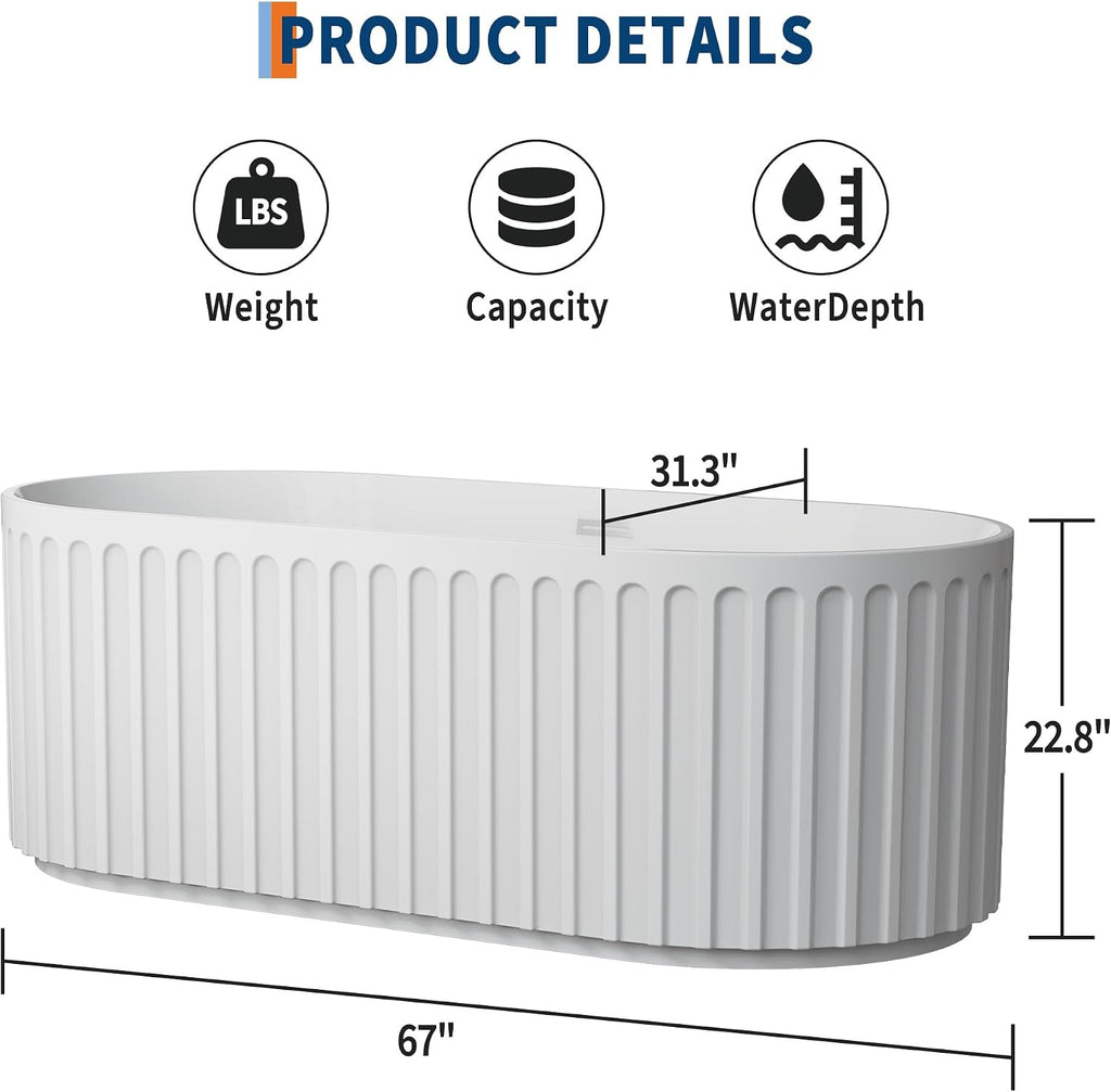 67 Inch Acrylic Freestanding Bathtub with Textured Stripes, Deep Soak Tub, Space-Saving, Glossy Surface, Luxury Spa Design for Modern Bathrooms