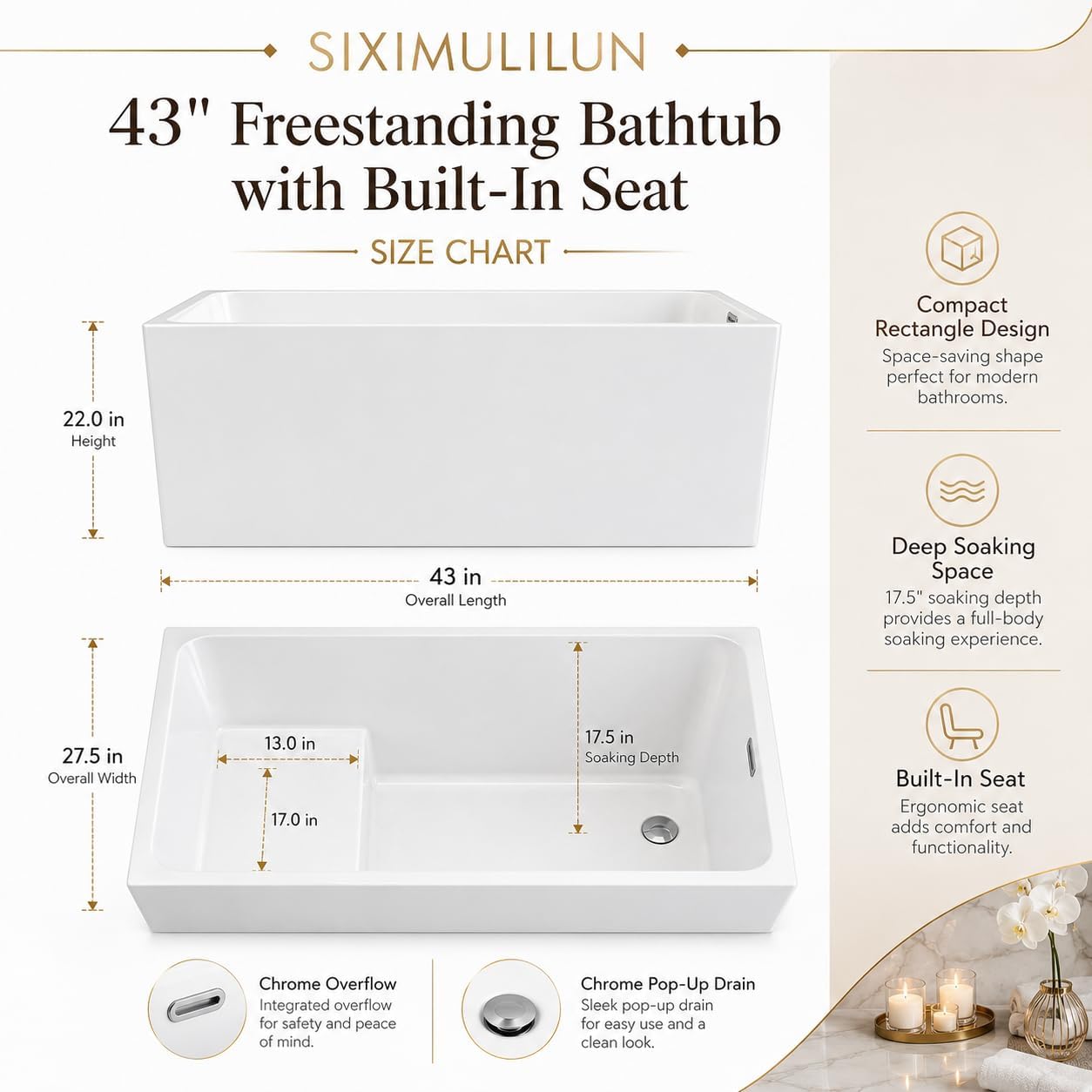 43' Acrylic Freestanding Bathtub with Seat,Deep Bathtub,Rectangle Soaking Tub with Chrome Overflow & Pop-Up Drain, CUPC Certified for Small Bathrooms