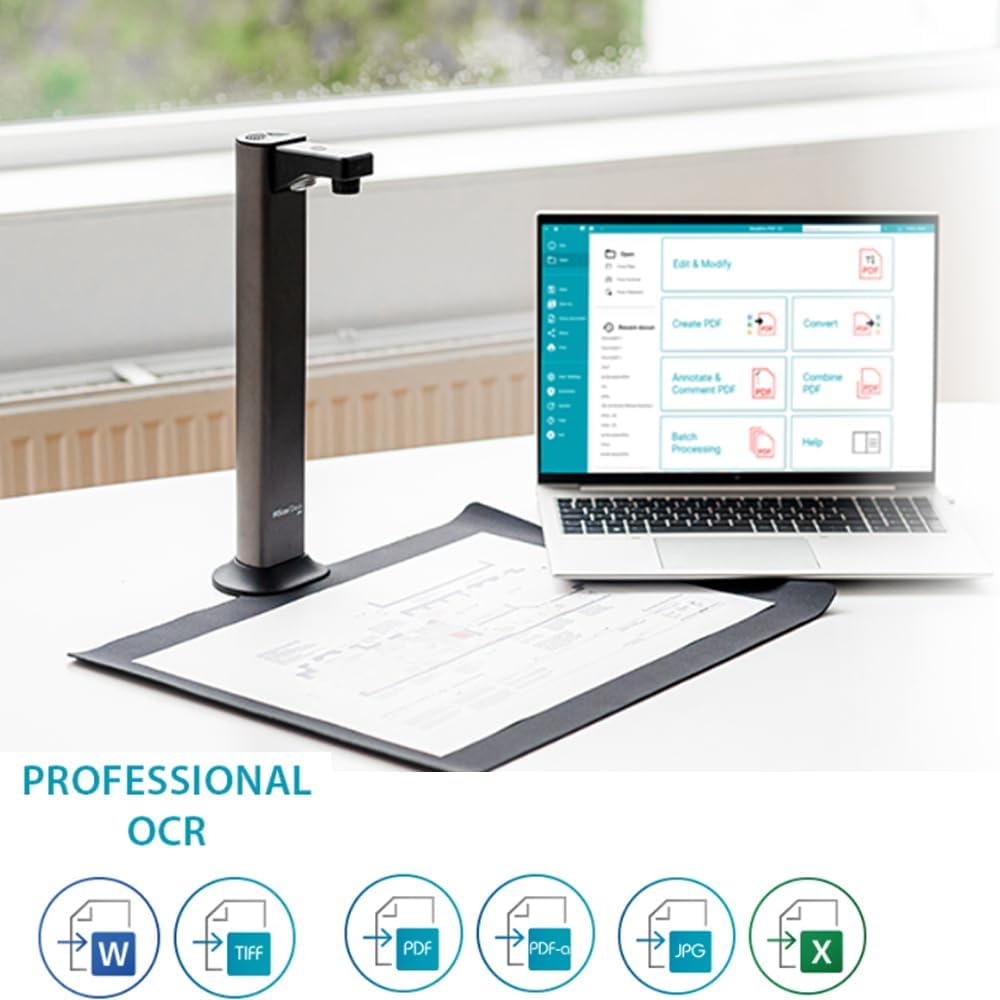 IRIScan Desk 7 Pro 18MP 4K Book and Document Scanner Black with OCR, AI Auto-Flattening and Finger Erasing, Compatible with Windows and Mac, Readiris PDF Included