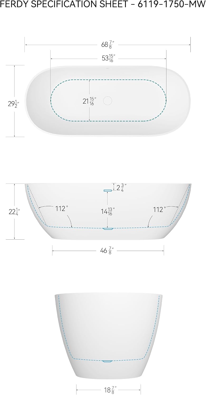 FerdY Fiji 69' Stone Resin Freestanding Bathtub, Classic Oval Shape Soaking Bathtub, Solid Surface Soaking Tub, cUPC Certified, Integrated Slotted Overflow and Matte White Pop-up Drain