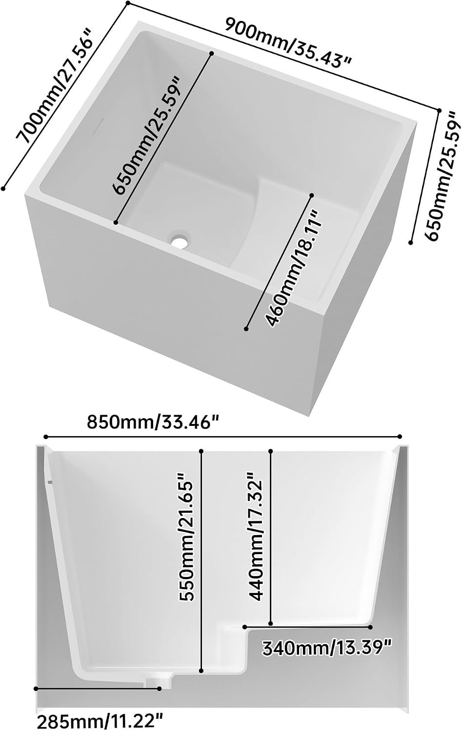 35.4' Modern Gloss White Free Standing Tub White Acrylic Tub | Unique Stand Alone Soaking Small Tub with Overflow and CUPC Drain