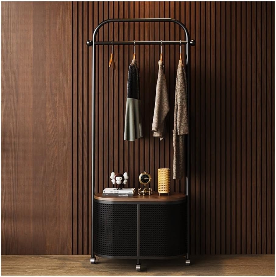 Coat Stand Vintage Style Freestanding Garment Rack with Removable Wicker Laundry Basket - Bedroom Clothes Hat Stand for Retro Storage and Hanging(Black)