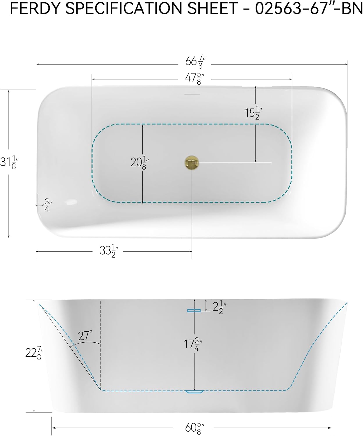 FerdY Maui 67' Acrylic Freestanding Bathtub, Contemporary Elegant Design Soaking Tub with Polished Gold Drain& Bath Pillow for Bathtub,Thick Tub Pillows, Ergonomic Support