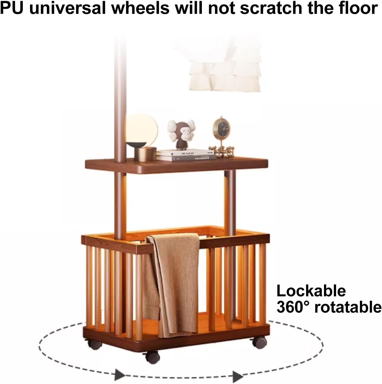 Movable Corner Coat Rack, Wooden Coat Tree Freestanding with 4 Hooks and Storage Basket, Floor-Standing Garment Rack, for Hallway, Bedroom, Living Room(Brown)