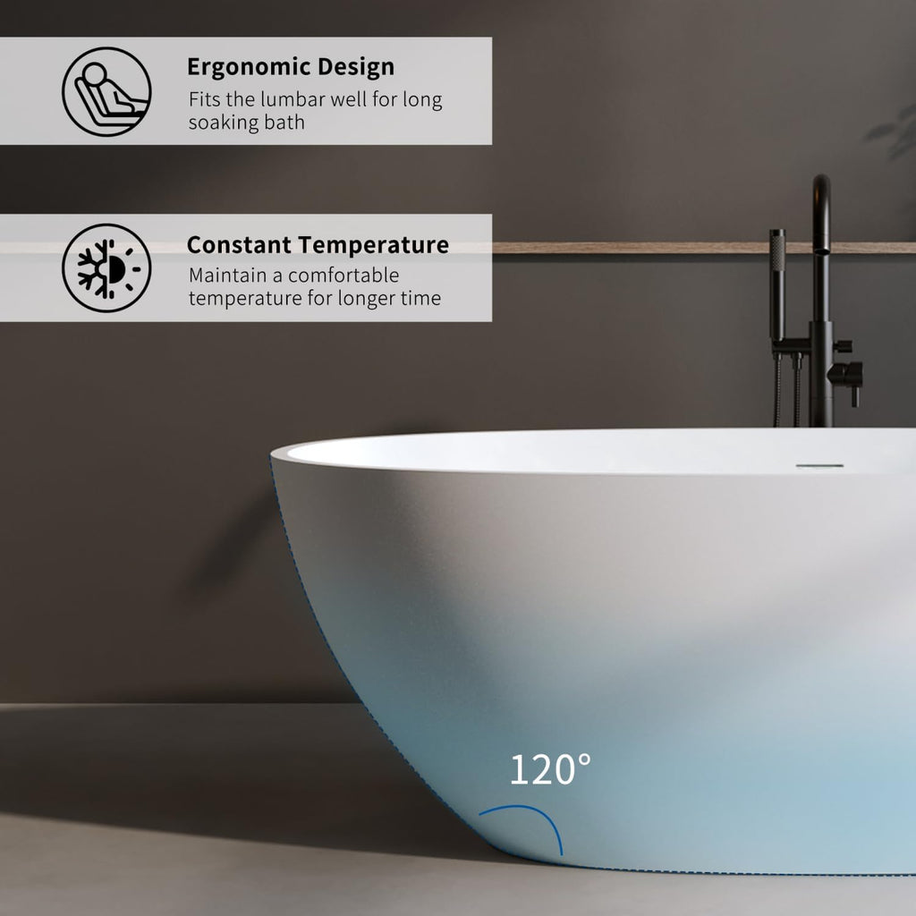 55' Solid Matte Tub, Stone Resin Freestanding Bathtub with Overflow, Pop-up Drain, Matte White (Oval)