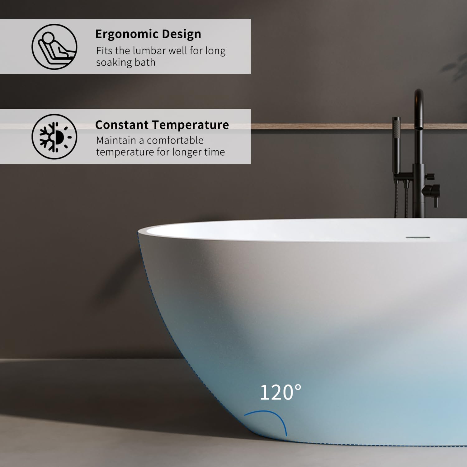 55' Solid Matte Tub, Stone Resin Freestanding Bathtub with Overflow, Pop-up Drain, Matte White (Oval)