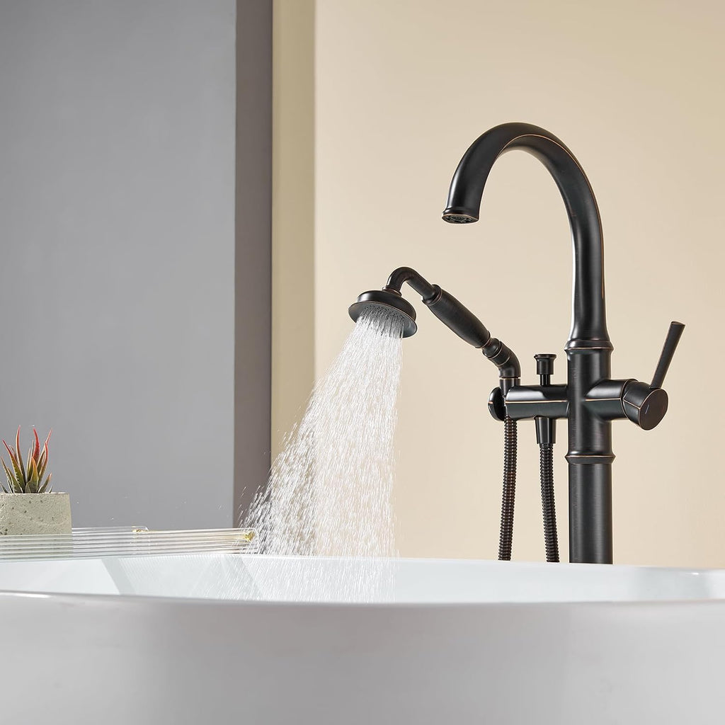 Wowkk Free Standing Tub Faucet Oil Rubbed Bronze Tub Filler Freestanding Bathtub Faucets Brass Tub Faucet with Hand Shower
