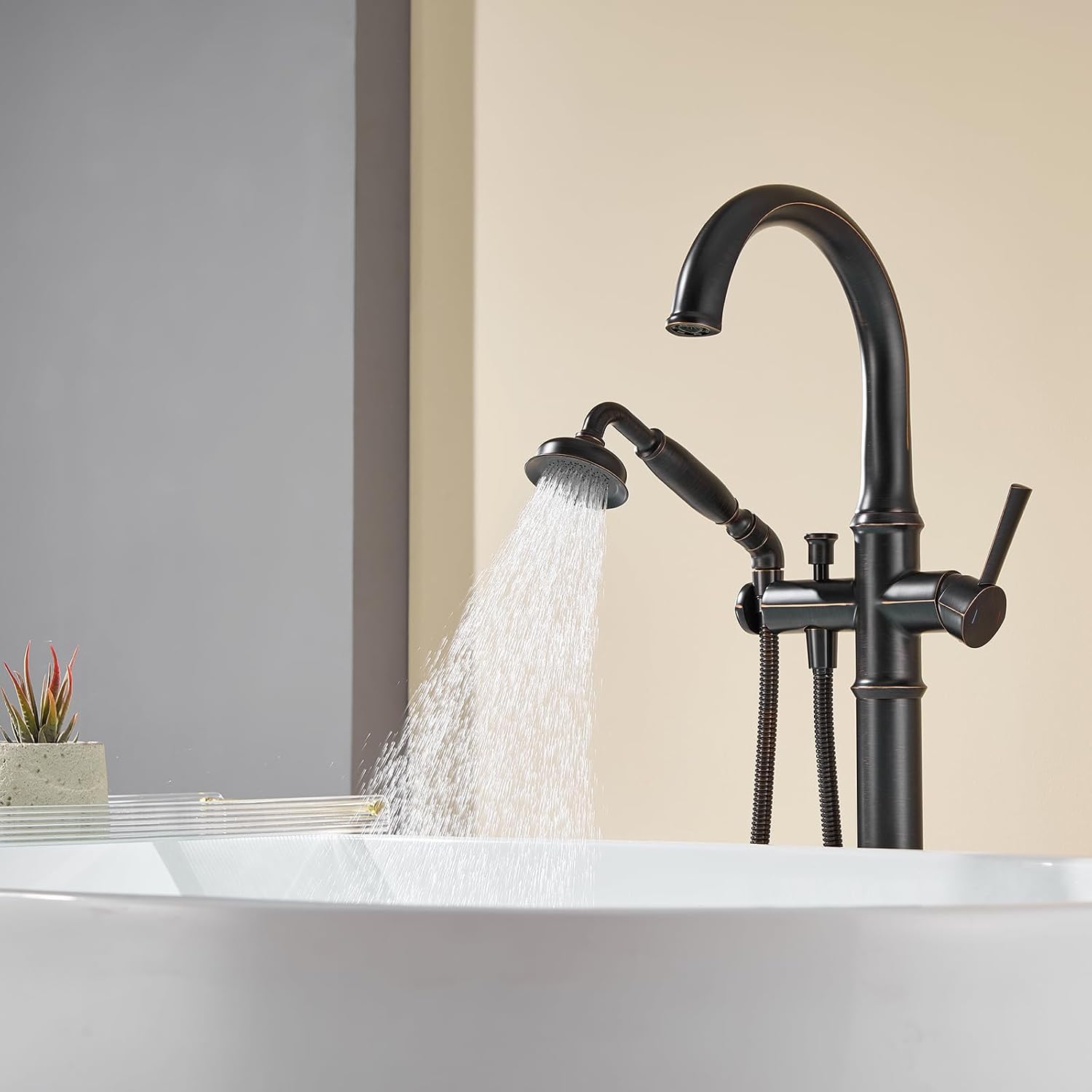 Wowkk Free Standing Tub Faucet Oil Rubbed Bronze Tub Filler Freestanding Bathtub Faucets Brass Tub Faucet with Hand Shower