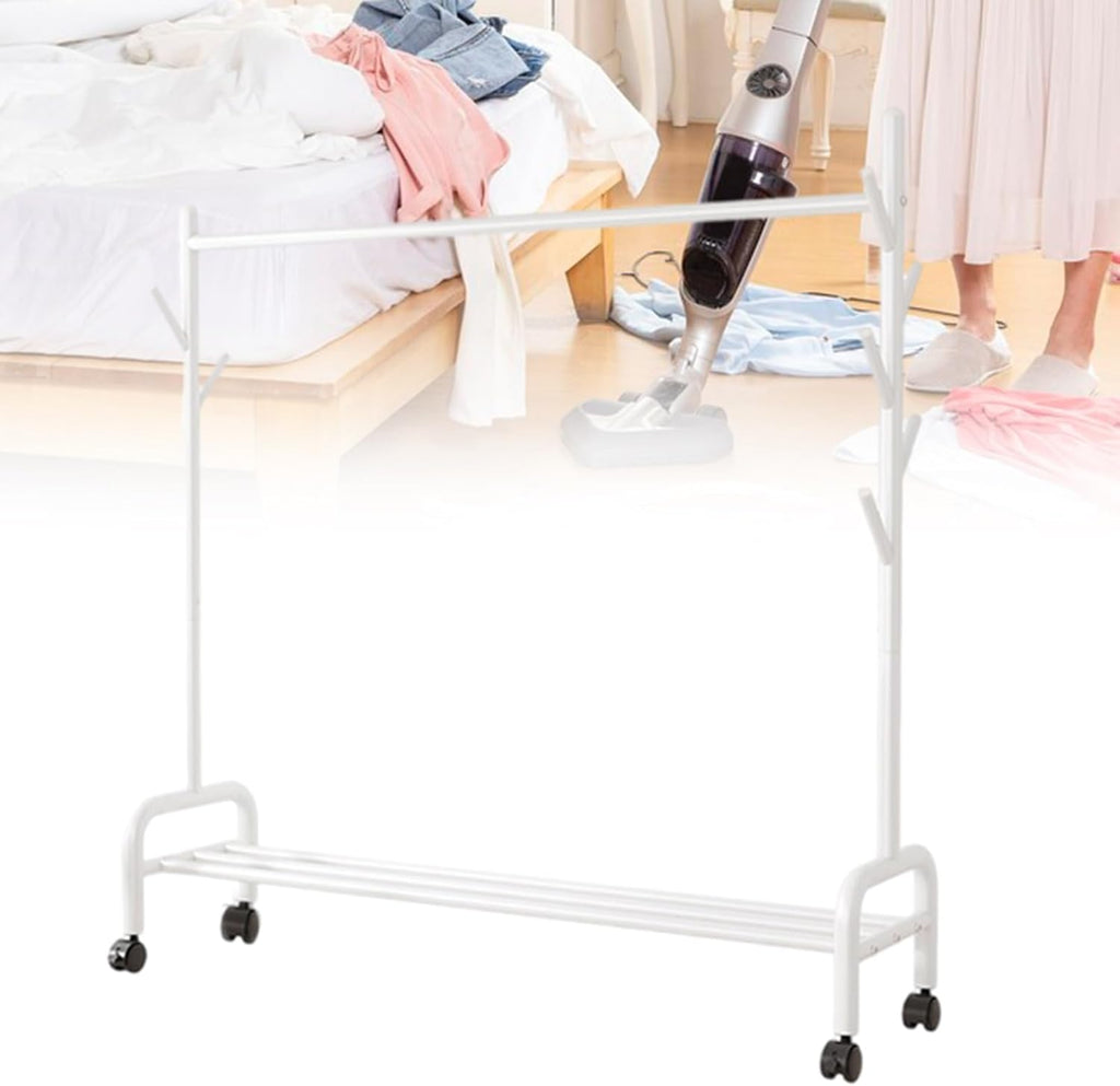 Metal Garment Rack with Wheels, Clothes Rail with Side Hooks and Storage Shelf, Rolling Clothing Organizer, Load Capacity 198lbs (Color : White, Size : 150x37x154cm) (White 60x37x154cm)