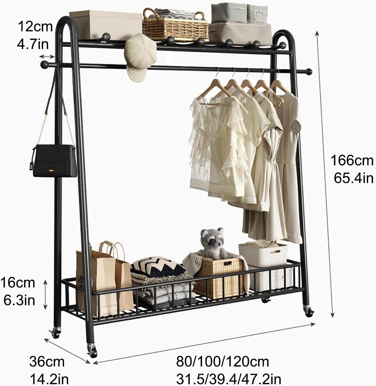 Clothing Rack for Hanging Clothes, Clothes Rack, Rolling Garment Rack, Clothing Rack with Bottom Mesh Storage Shelf, Freestanding Wardrobe Storage Rack Metal Clothing Rack(Black,80cm/31.5in)