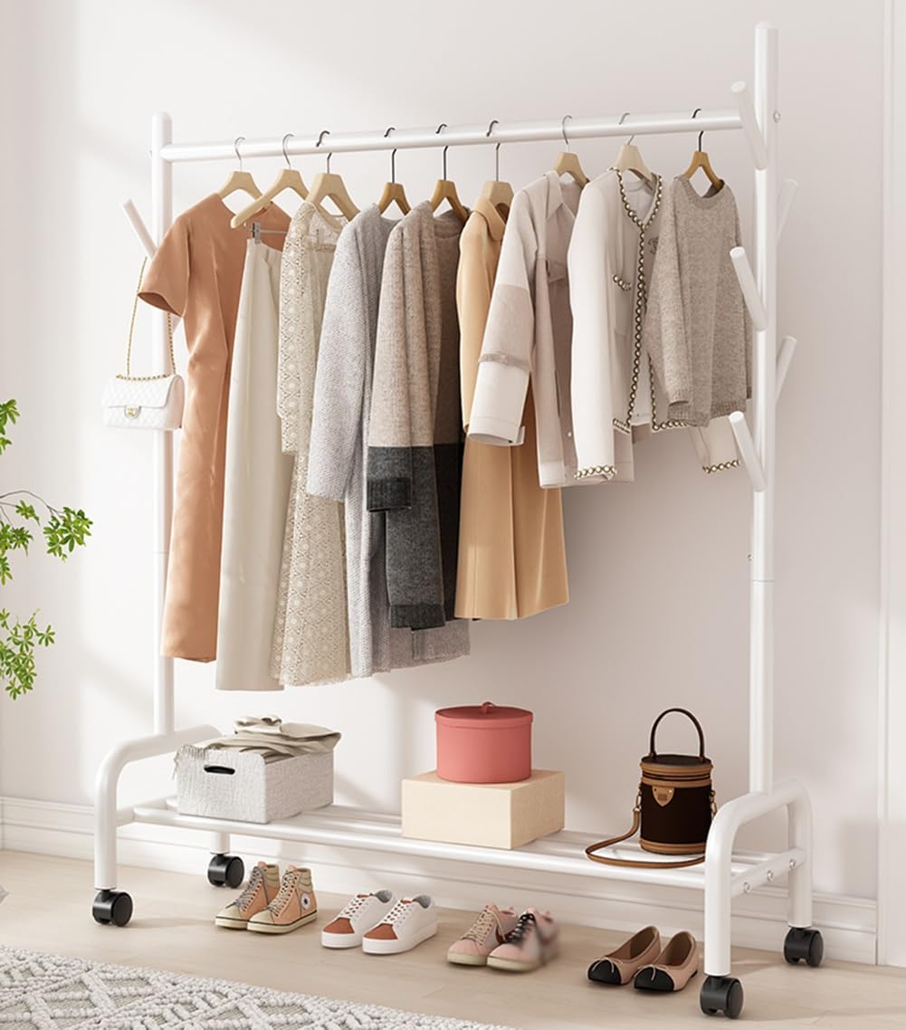 Metal Garment Rack with Wheels, Clothes Rail with Side Hooks and Storage Shelf, Rolling Clothing Organizer, Load Capacity 198lbs (Color : White, Size : 150x37x154cm) (White 60x37x154cm)