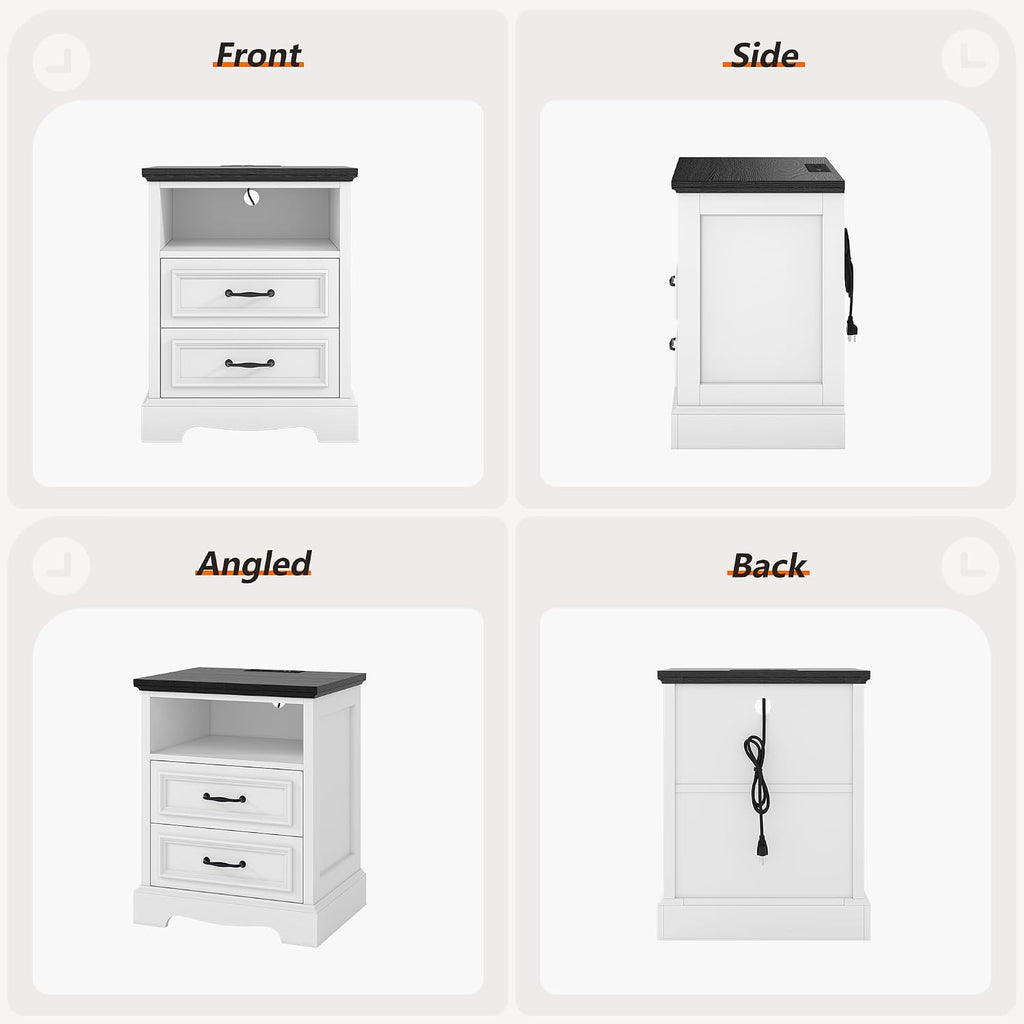 Whalefall Farmhouse 2 Drawers Dresser with Charging Station, White Nightstand Bedside for Bedroom, Wood Small End Table for Living Room Dresser Chest of Drawers for Hallway Closet Dorm (1, White)
