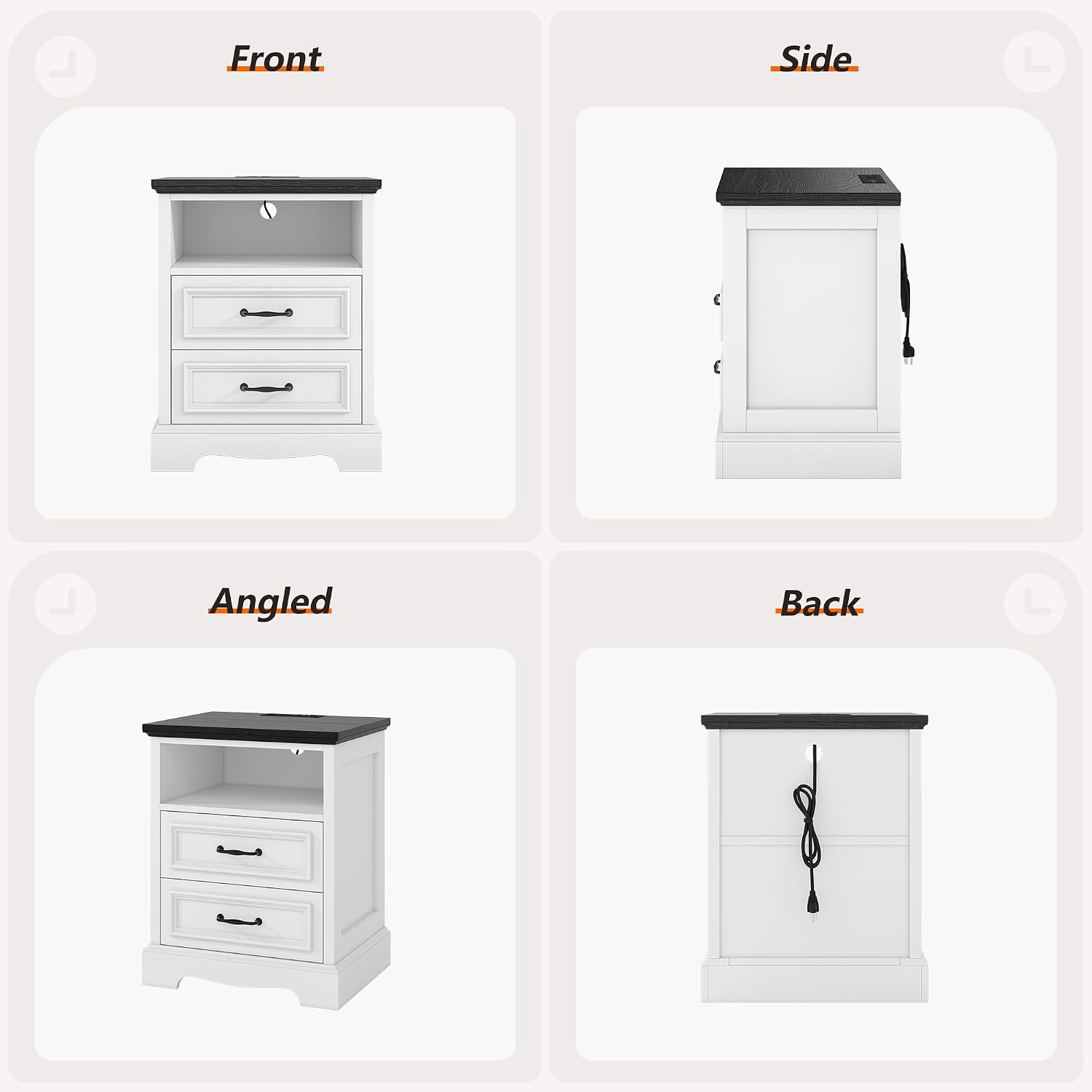 Whalefall Farmhouse 2 Drawers Dresser with Charging Station, White Nightstand Bedside for Bedroom, Wood Small End Table for Living Room Dresser Chest of Drawers for Hallway Closet Dorm (1, White)