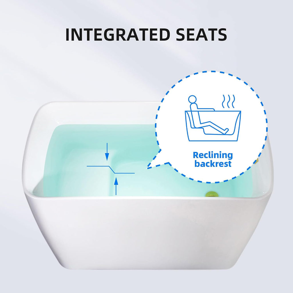 WOODBRIDGE 48' Acrylic Freestanding Square Shape Janpanese Soaking Tub with Pre-molded Seat and Brushed Gold Pop-Up Drain and Overflow Option, White,B0070-BG