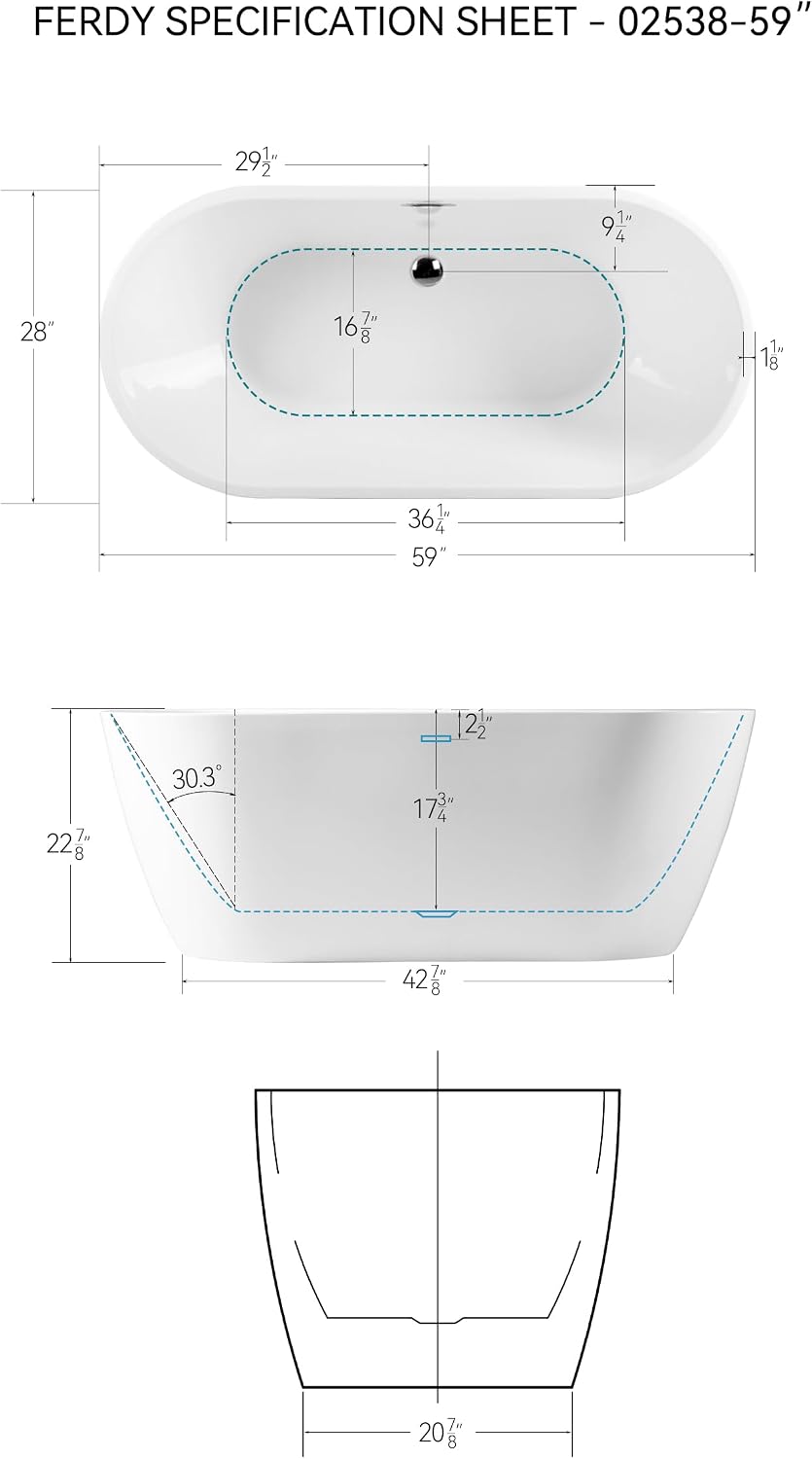 FerdY 59' Acrylic Freestanding Bathtub, Contemporary Soaking tub with Brushed Nickel Drain & Overflow, Elegant Oval Shape, cUPC Certified, Bali