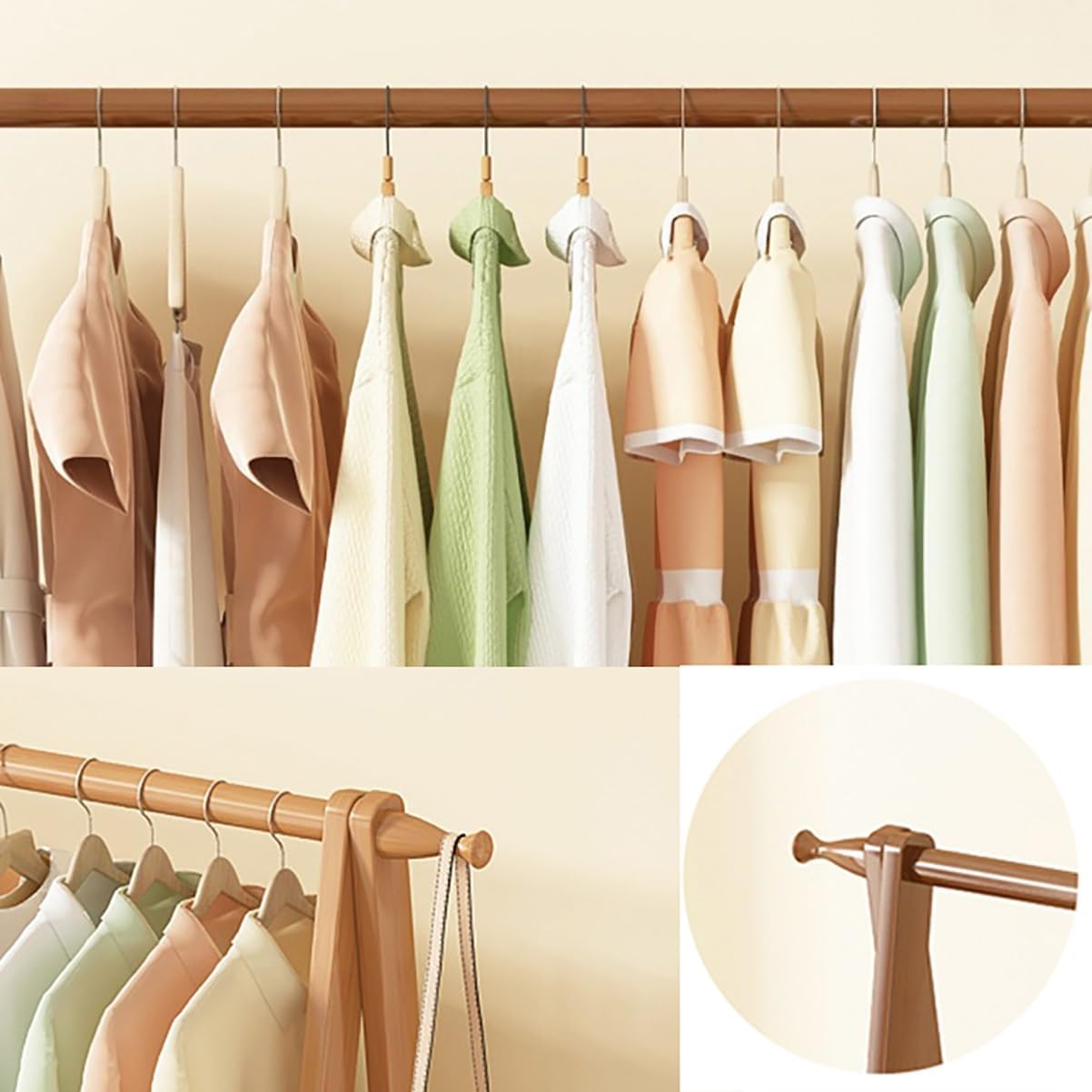 Coat Rack Stand With Shoe Storage Shelf Standing Height Adjustable Garment Rack For Hats Coats And Clothes Solid Wood Bamboo Metal Tree Design Easy Assembly And Collapsible Option,Brown 66*41*154Cm