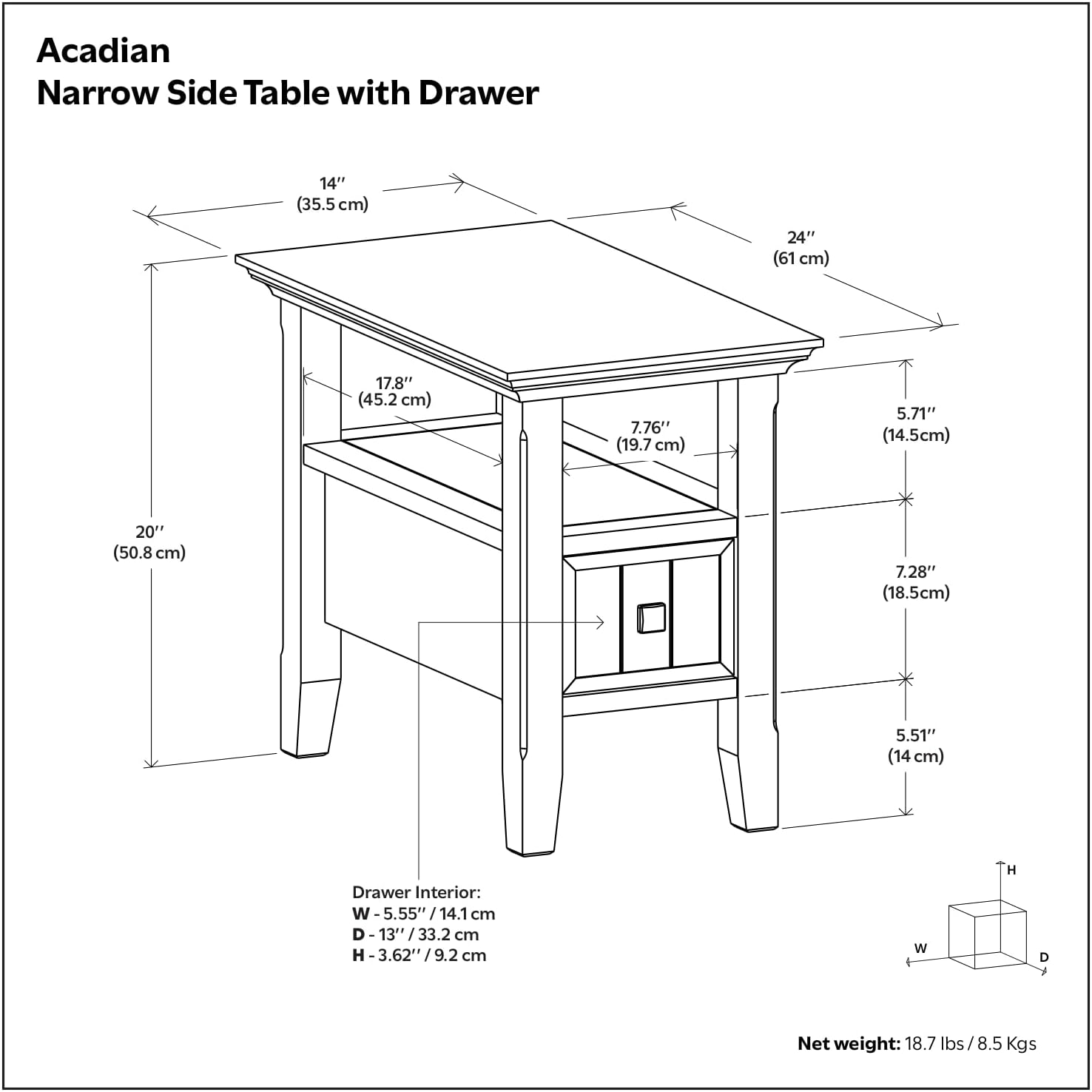 SIMPLIHOME Acadian Narrow Side Table - 14 inch Wide Solid Wood Rectangular End Table with Drawer and Open Shelf in Brunette Brown, Transitional Nightstand or Lamp Stand for Living Room or Bedroom