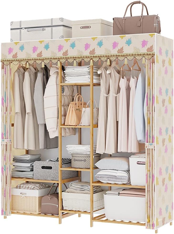 Clothes Rod Rack Garment Hanging Rails, Freestanding Bamboo Coat Stand Rack with Double Clothing Rail and 9 Storage Shelf, with Cover, Clothes Cabinet Wardrobe Organiser 150X4