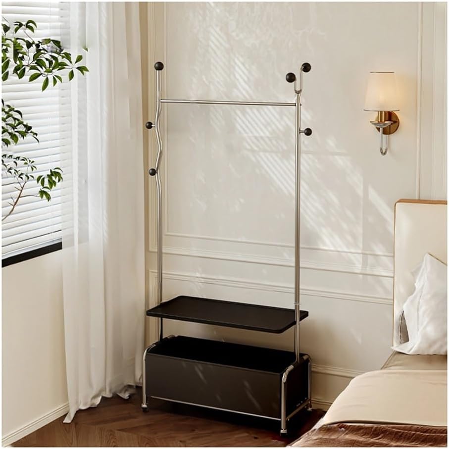Floor-Standing Garment Rack, Coat Rack Freestanding with Storage Basket, Stable and Moveable, Rolling Clothes Rack for Bedroom, Balcony, Living Room(Black,60x32x183cm)