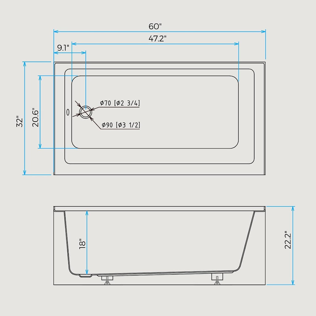 Drop-In Bathtub 60 x 32 inch Acrylic Alcove Tub with Left Hand Drain and Skirted Apron, White Built-In Soaking Tub for Bathroom Remodel, Comfortable Bathing Solution for Family or Guest