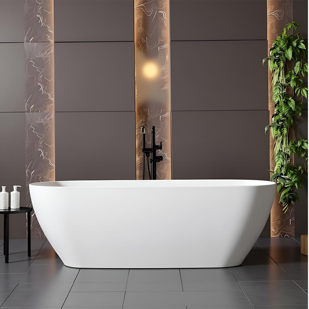 59'' Freestanding Bathtub Resin Stone Deep Soaking Tubs Solid Surface Matte Tub with Overflow and Pop-up Drain