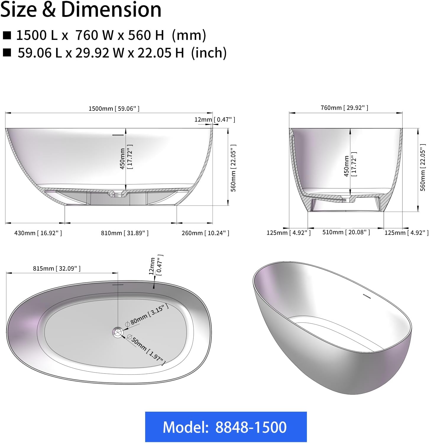 Cpingao 59' Freestanding Matte White Stone Resin Soaking Bathtub Modern Stand Alone Tub with Drain and Overflow, 8848-1500