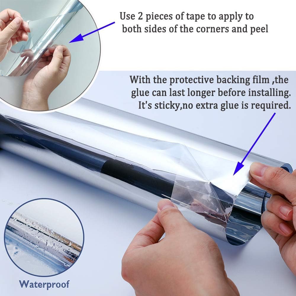 Reflective Window Film One Way Mirror Daytime Privacy Adhesive Glass Film Heat Control Anti UV for Home and Office, 60Inch x 33Feet, Silver