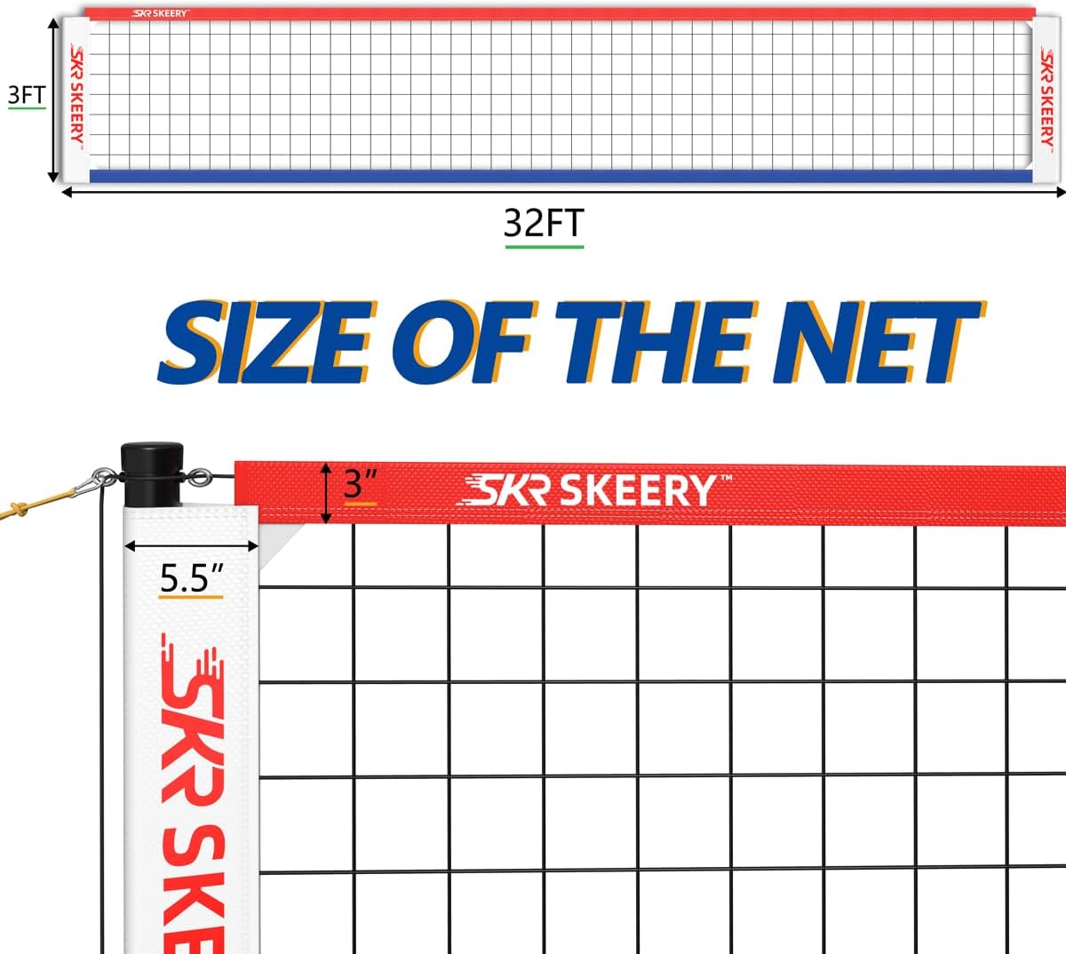 SKEERY Outdoor Heavy Duty Volleyball Net Set, Anti-Sag Design, Adjustable Aluminum Poles, Portable Volleyball Net for Backyard,Grass and Beach