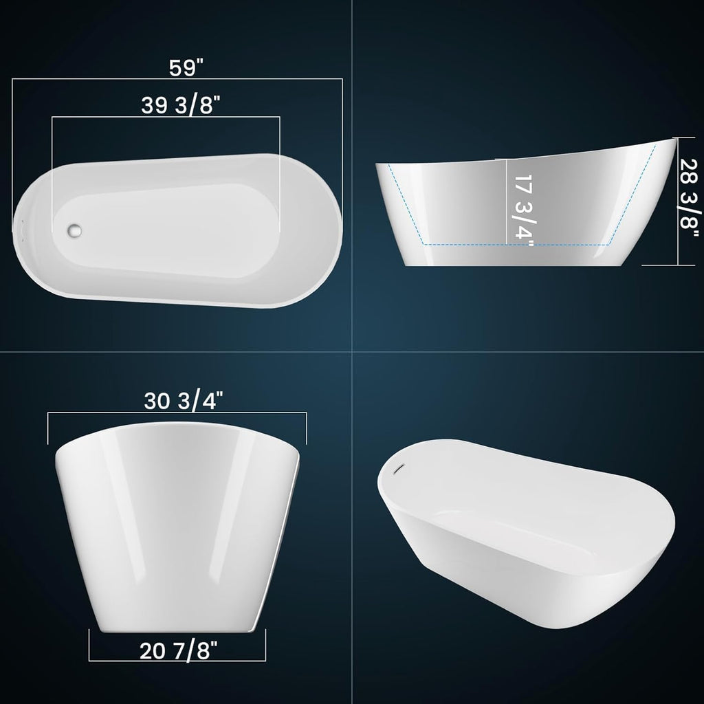 59 Inch Acrylic Freestanding Bathtub, Soaking Bathtub with Matte Drain and Overflow, Modern Square Tub with Deep Ergonomic Design, Double-Walled Insulation for Bathroom Relaxation, cUPC Certified