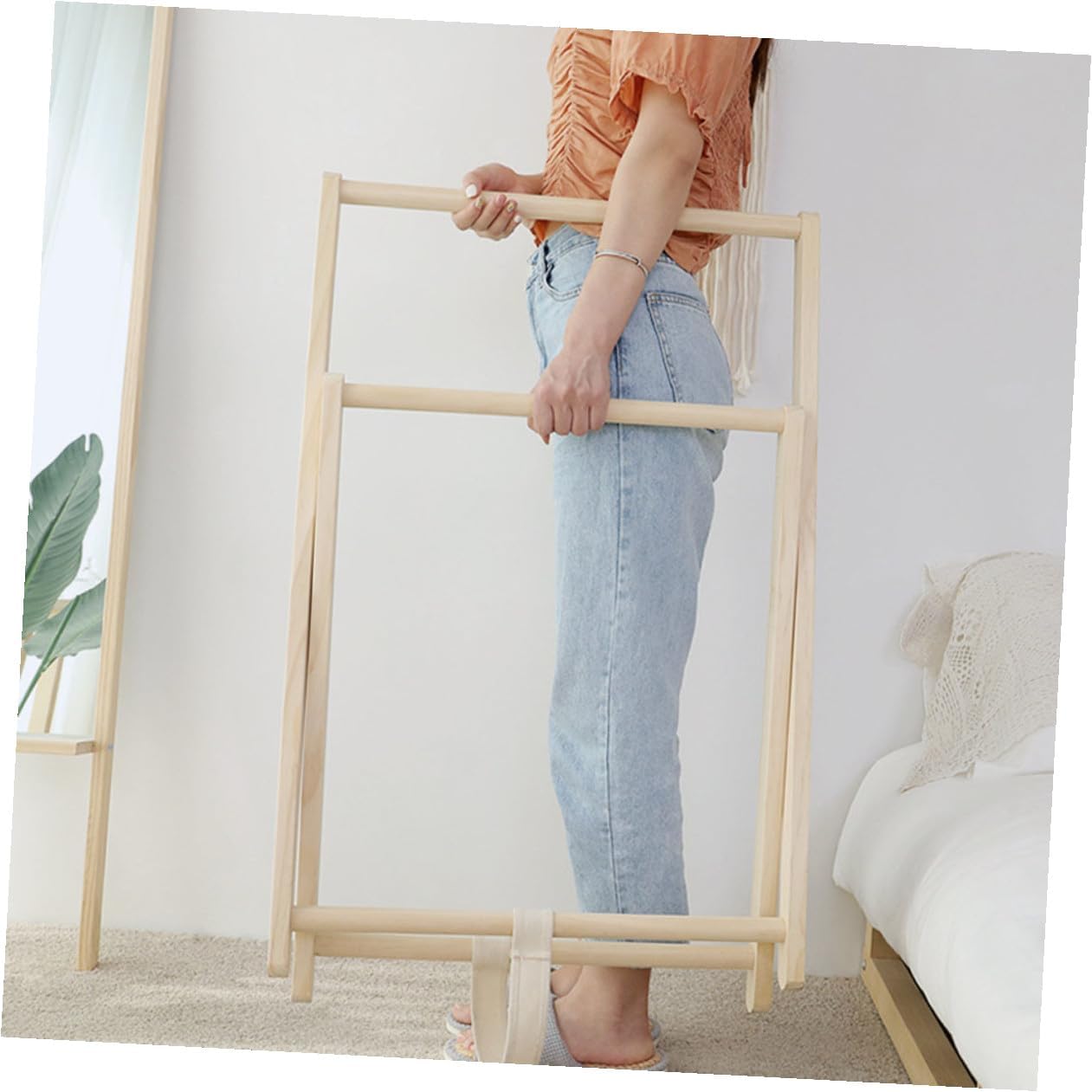 Happyyami Wooden Garment Rack Clothes Storage Stand with Shelves Practical Freestanding Coat Rack for Bedroom Entryway Organizer