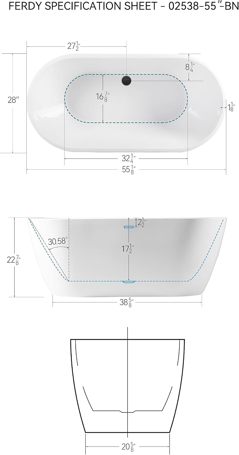 FerdY 55' Bali Acrylic Freestanding Bathtub, Gracefully Shaped Freestanding Soaking Bathtub, cUPC Certified, Toe-Tap Matte Black Drain&Back Scrubber for Shower,Long Handled Loofah on a Stick, Sponge