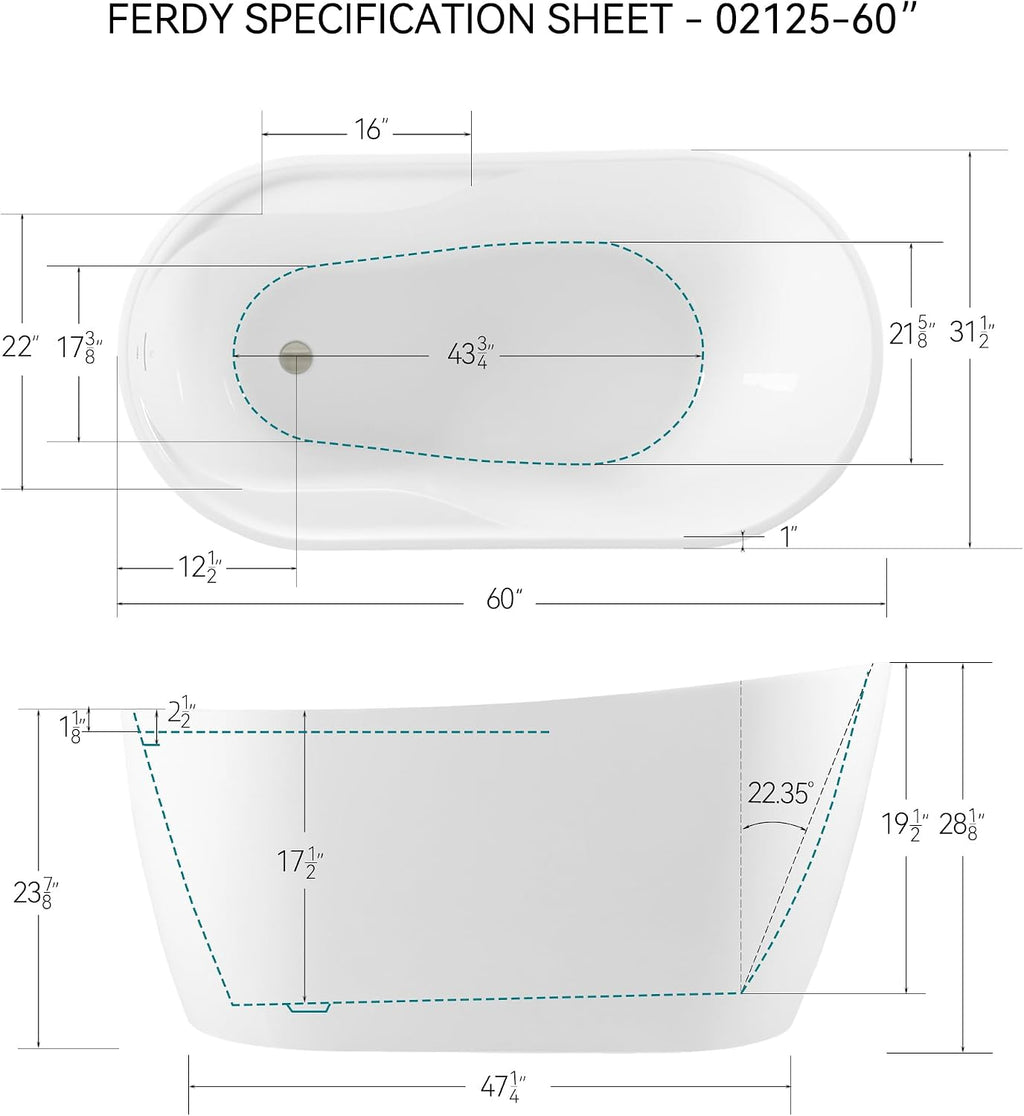 FerdY Lana'i 60' Freestanding Bathtub, Gracefully Shaped Freestanding Soaking tub, Glossy White, cUPC Certified, Brushed Nickel Drain Assembly