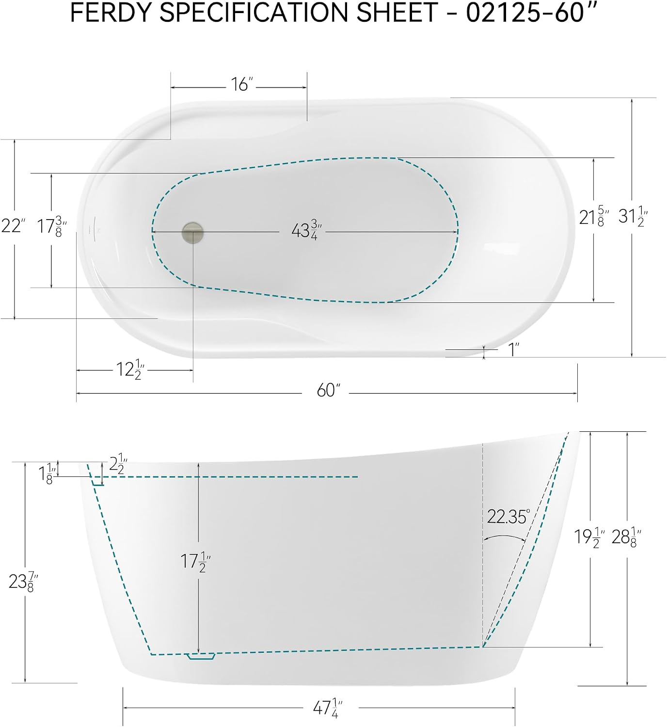 FerdY Lana'i 60' Freestanding Bathtub, Gracefully Shaped Freestanding Soaking tub, Glossy White, cUPC Certified, Brushed Nickel Drain Assembly