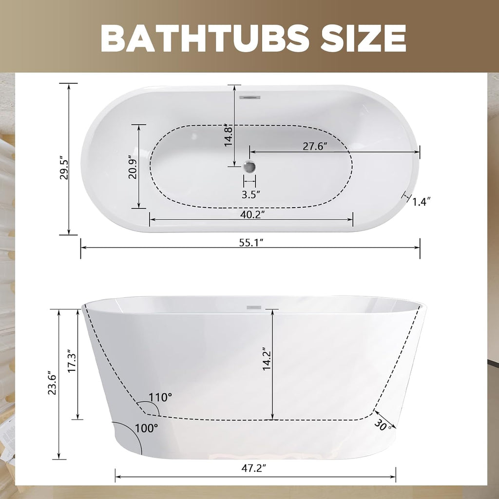 Zavdte 55' Freestanding Acrylic Bathtub, Gloss White Stand Alone Soaking Tub with Toe-tap Chrome Drain, Double-Wall Insulation, CUPC Certified, Easy Install & Spacious Design