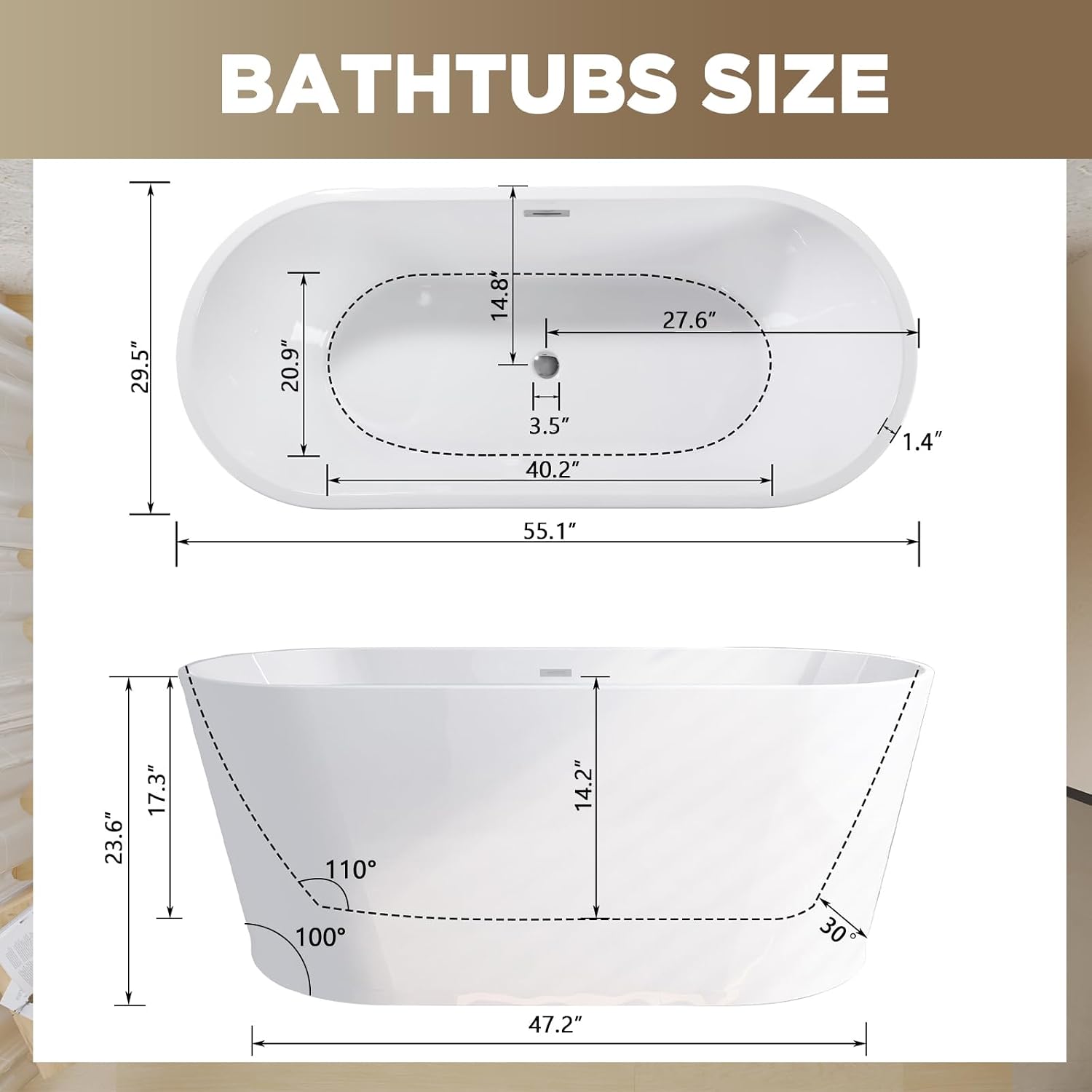55 Inch Free Standing Bathtub,Made of Pure Acrylic Material with 8 Layers of Reinforced Coating,Cupc Certified,Spacious Ergonomic Design,Modern Luxury Bathtub,White