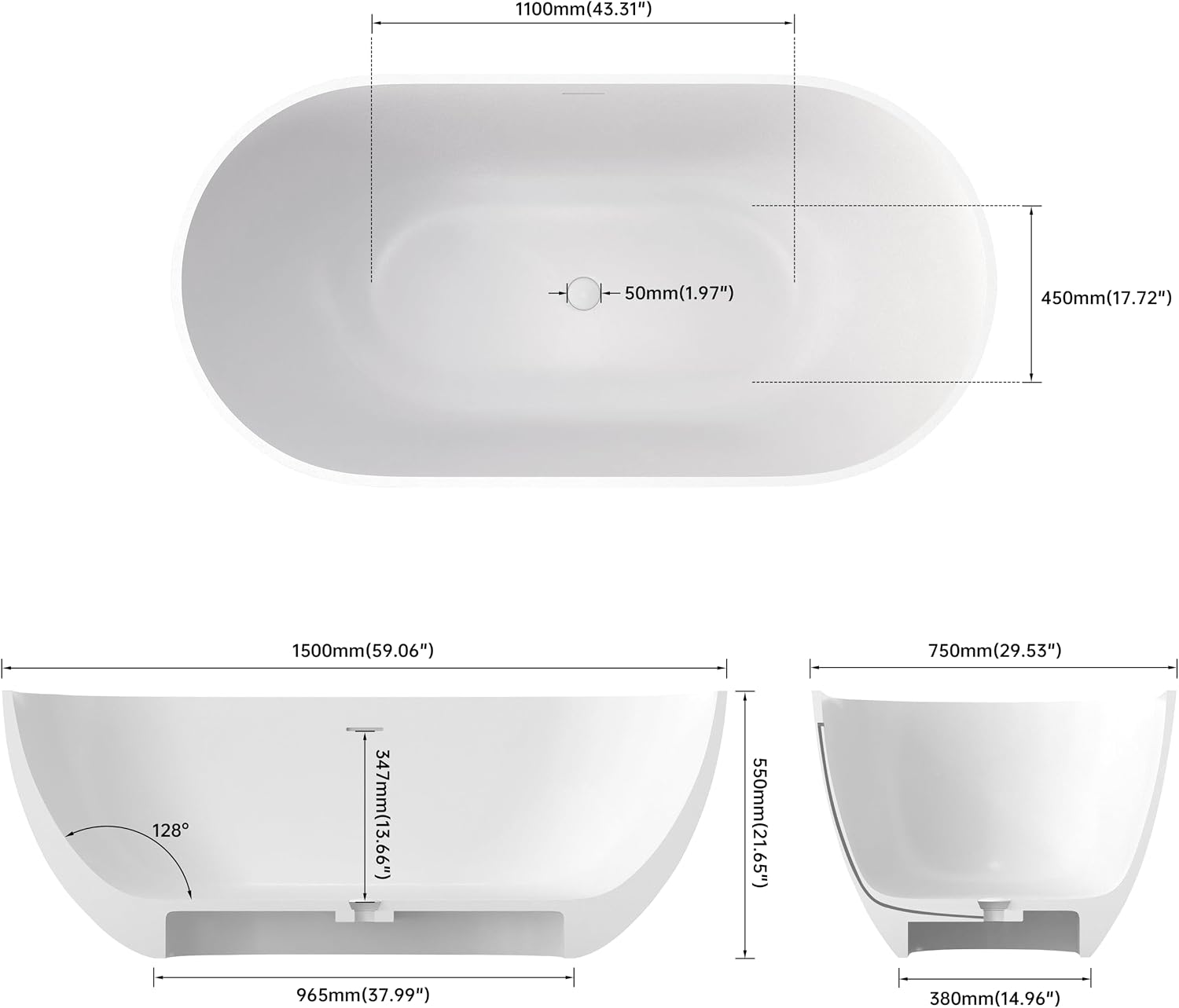 59'' Free Standing Tub, Stone Resin Freestanding Bathtub, Bathroom Soaking Tub Soaker Tubs Oval Shaped, Luxury Modern Freestanding Tubs with Overflow and Pop-up Drain - White