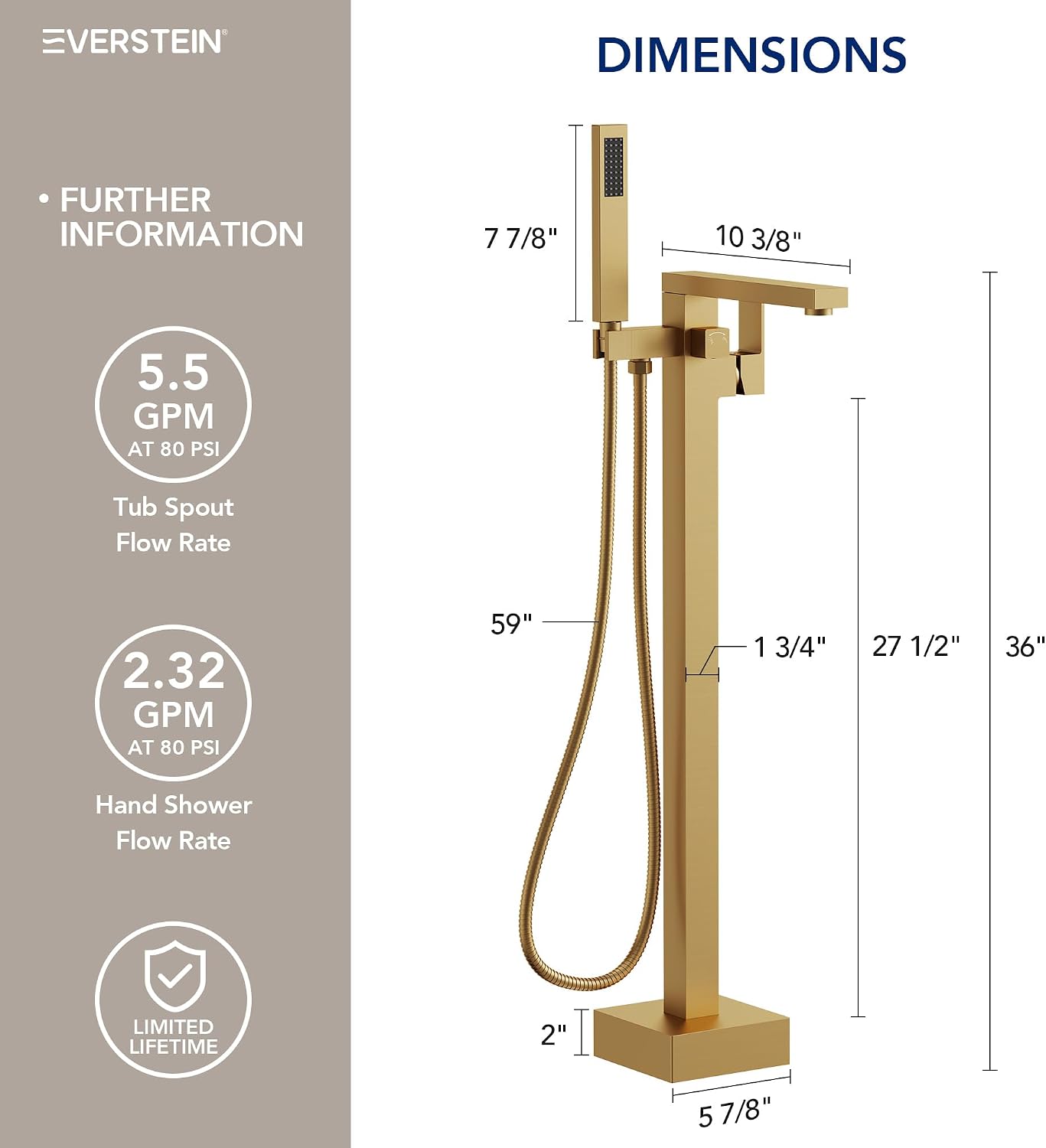 Freestanding Bathtub Faucet with Hand Held Shower, Floor Mount Tub Filler, Brass Bath Tub Faucet, Valve Included，Brushed Gold