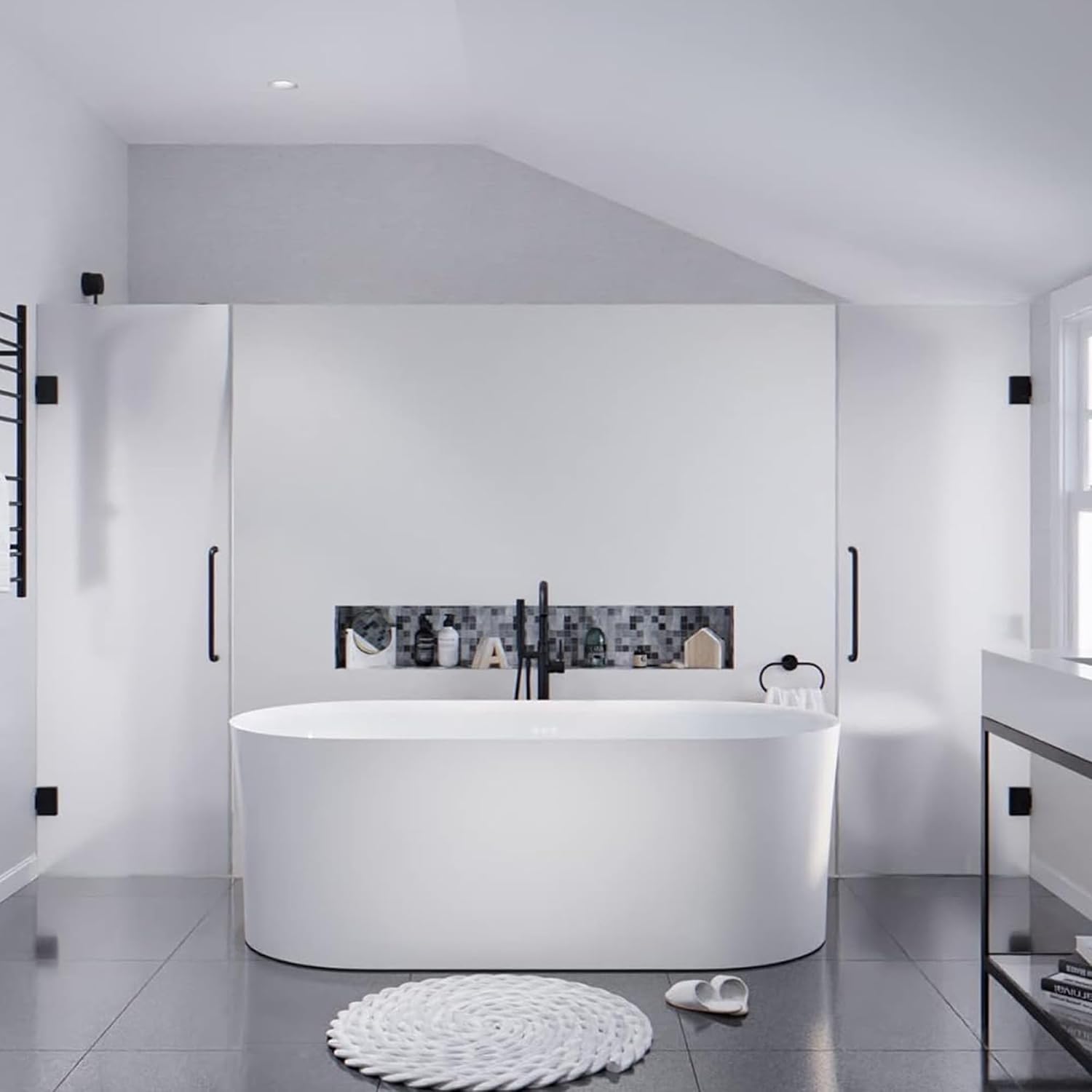 ANZZI Whirlpool Freestanding Bathtub 67 Inch Jericho Series Air Jetted Acrylic Glossy White, 200+ Bubble Jets, 4 Chroma-Therapeutic Lights, Center Drain, 80 gal, Overflow, Pop-Up Drain | FT-AZ067