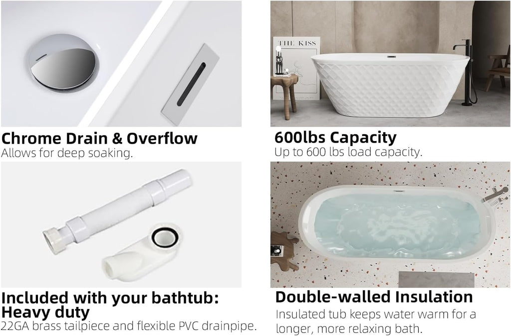 59' Acrylic Freestanding Bathtub, Diamond Pattern Soaking Tub with Chrome Overflow and Pop-Up Drain, Oval Gloss White Finish, CUPC Certified