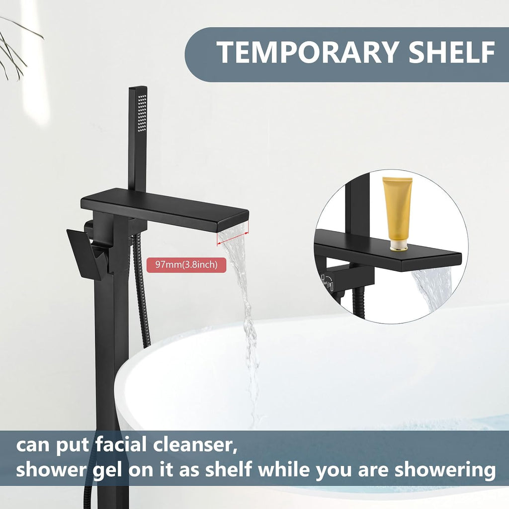 Aolemi Freestanding Bathtub Faucet Floor Mount Tub Filler with Handheld Spray Single Handle Free Standing Bathroom Faucets Swivel Flat Waterfall Spout Matte Black