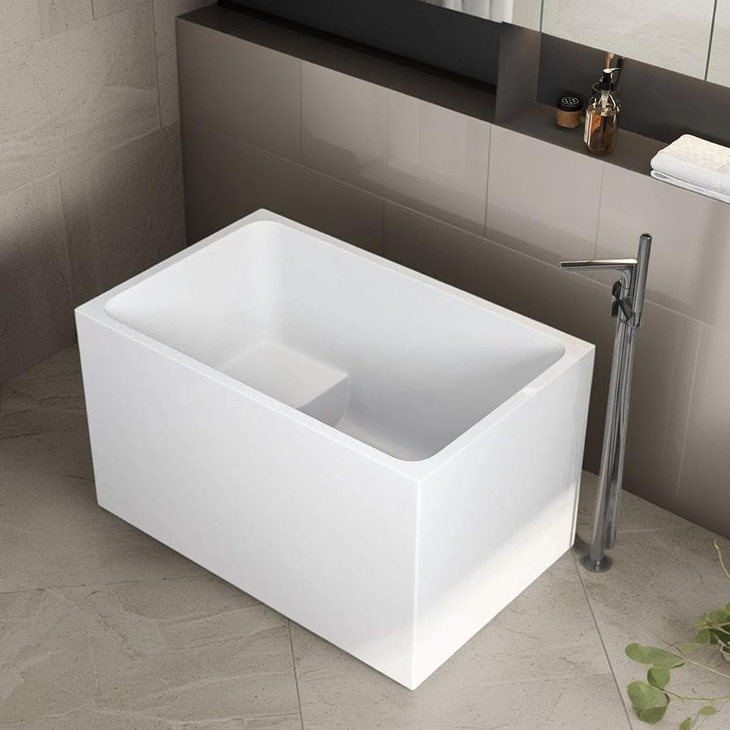 47' Acrylic Freestanding Bathtub with Built-in Seat, Rectangular Soaking Tub w/Chrome Overflow & Pop-Up Drain, CUPC Certified for Elderly & Limited Mobility Support, Gloss White