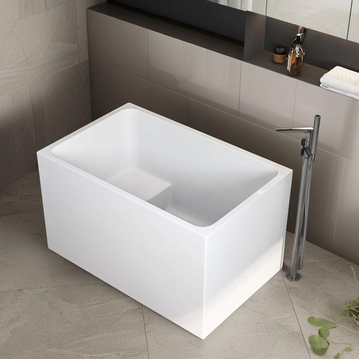 47' Acrylic Freestanding Bathtub with Built-in Seat, Rectangular Soaking Tub w/Chrome Overflow & Pop-Up Drain, CUPC Certified for Elderly & Limited Mobility Support, Gloss White