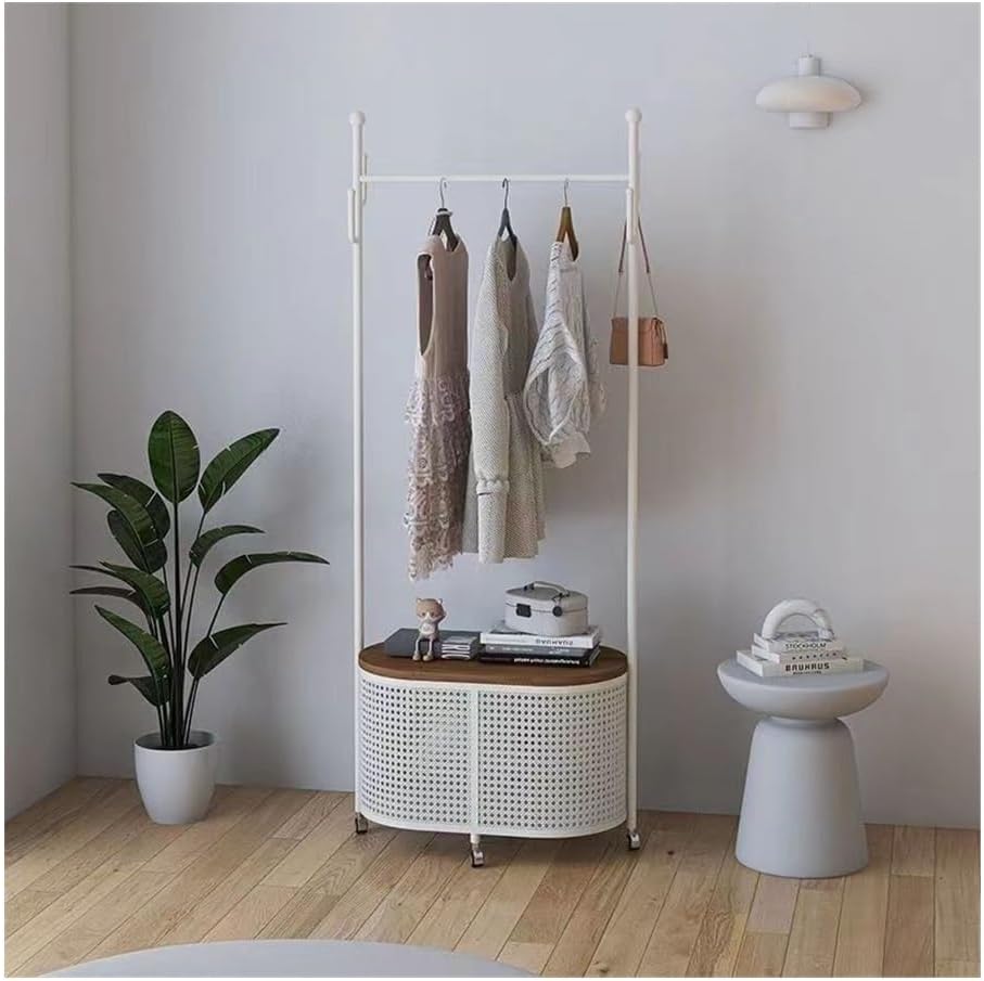 Coat Stand Vintage Style Freestanding Garment Rack with Removable Wicker Laundry Basket - Bedroom Clothes Hat Stand for Retro Storage and Hanging(White)