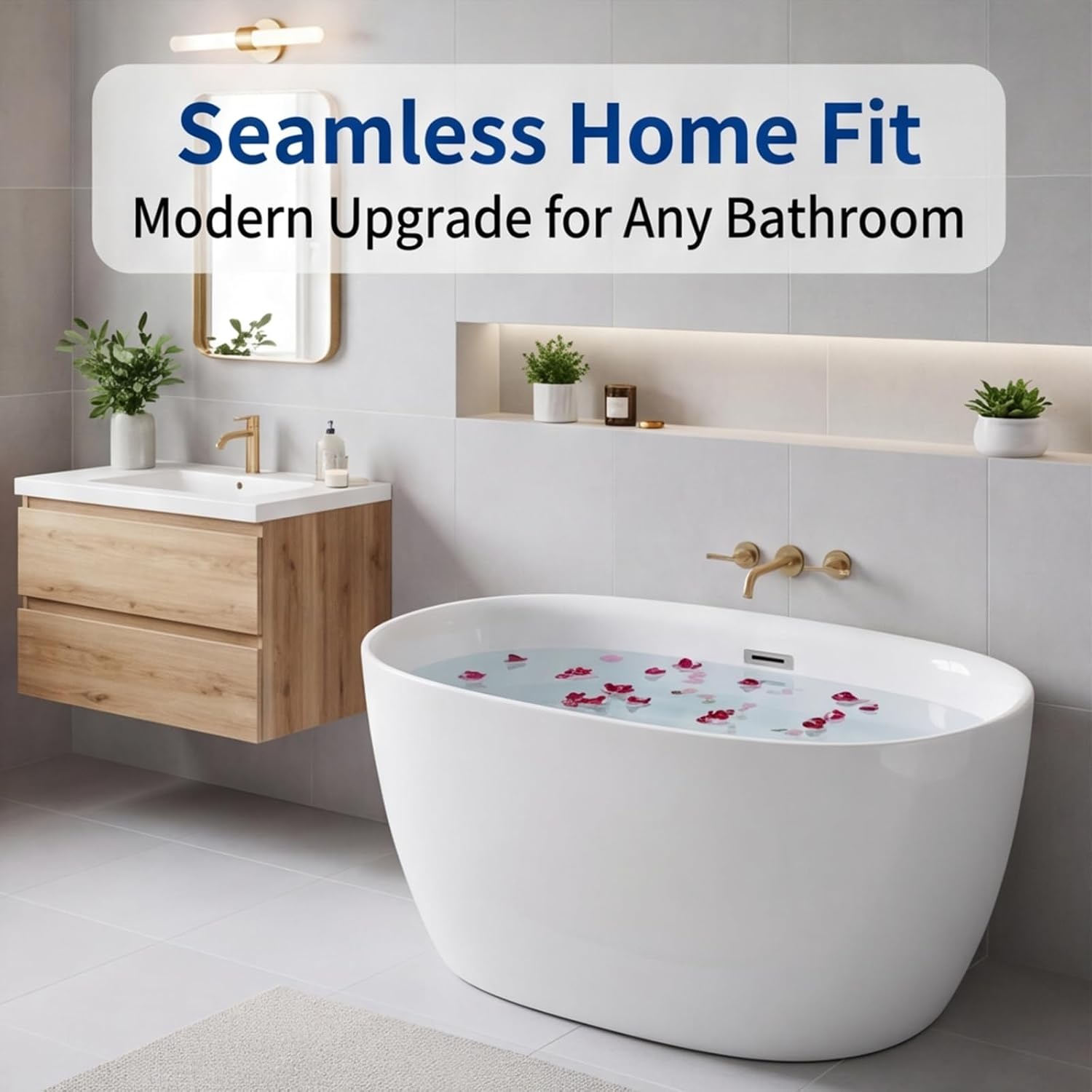 47' Acrylic Freestanding Bathtub, Oval Shape Free Standing Tub Contemporary Soaking Bath Tub with Chrome Overflow & Pop-Up Drain, Gloss White