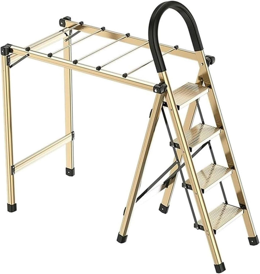 Foldable Drying Racks Garment Racks Free Standing Clothes Rack with Ladder Stretchable Metal Clothing Rack with Double Rod and Tool Tray for Dorm Bedroom Home Balcony(Gold)