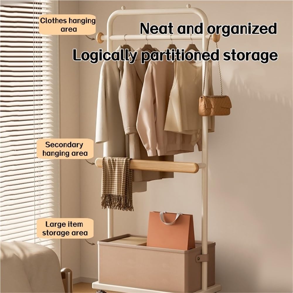 Modern Metal Coat Rack with Wheels, Freestanding Garment Rack with Storage Box, Multifunctional Clothes Rack for Living Room, Bedroom, Entryway and Office(Black,80cm/31.5in)