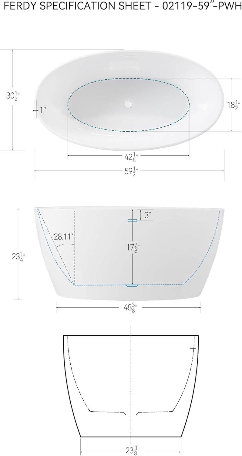 FerdY 59' Acrylic Freestanding Bathtub, Contemporary Soaking tub with Polished White Drain & Overflow, cUPC Certified, Elegant Oval Shape, Tahiti