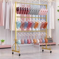 REMYS 3 Tiers Metal Swimsuit Clothes Organizer Shelves, Underwear Panty Rack Shorts Display Bra Stand, Freestanding Garment Rack with Wheels, for Bedroom/Boutique(Gold,60x40x130cm)