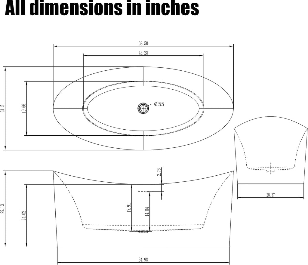 HEATGENE 68.5 Inches Acrylic Freestanding Bathtub Oval Modern Bathtub Contemporary Soaking Tub Easy to Install UPC Certified Drain & Overflow Assembly Included, White