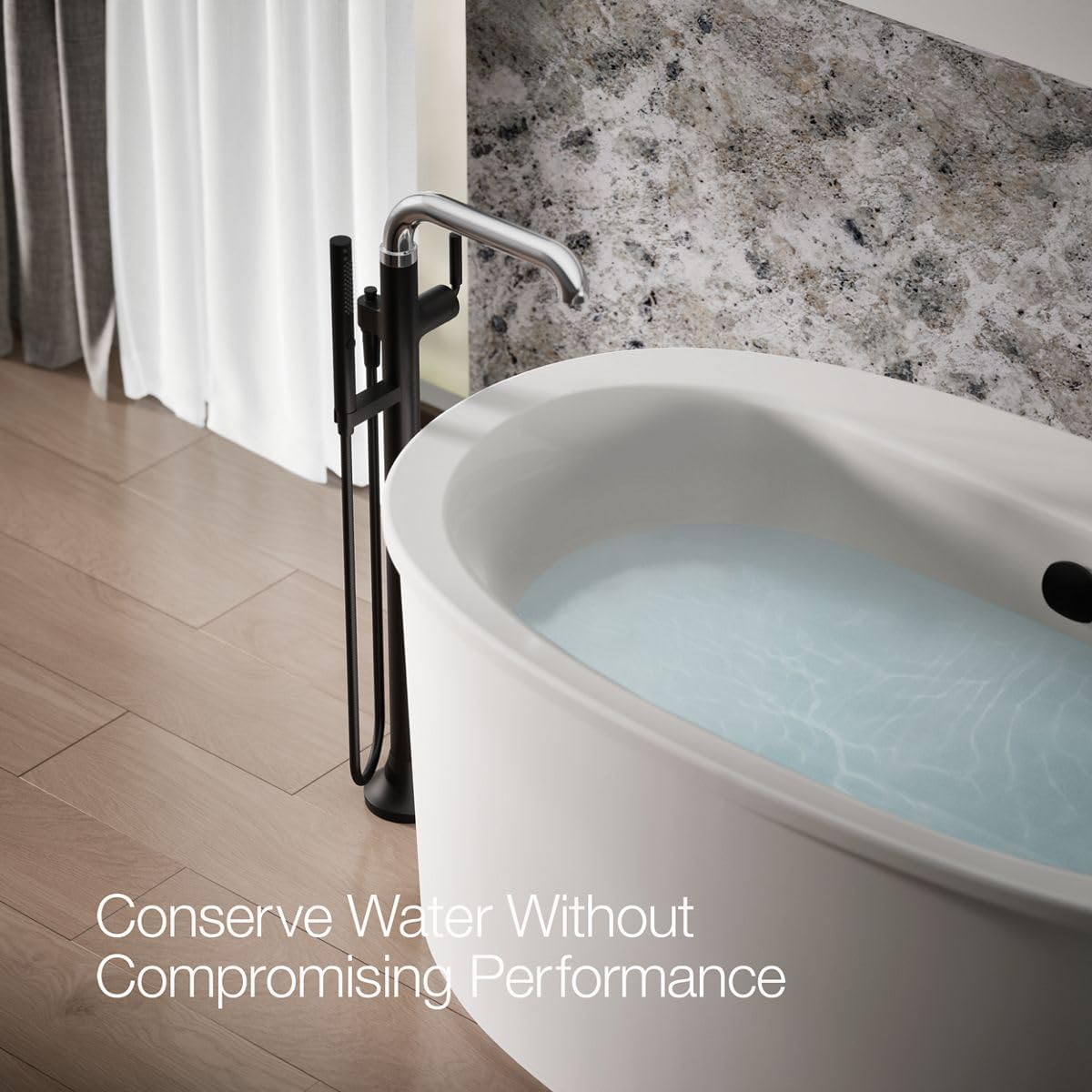 Kohler T27424-4-CBL Tone™ Floor-mount bath filler trim with handshower, Polished Chrome with Matte Black
